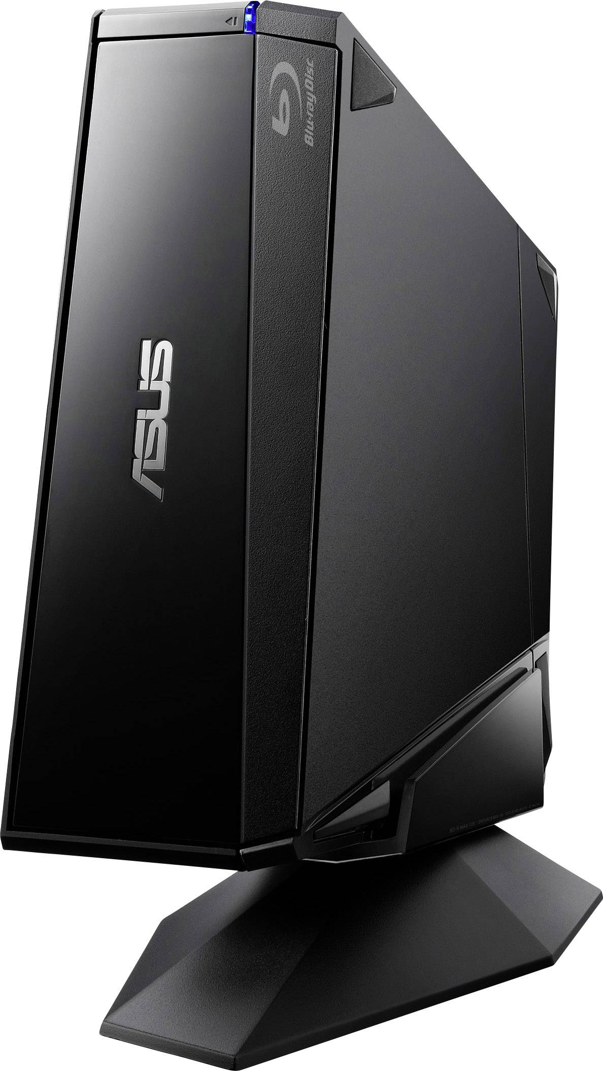 Externer ASUS Blu-ray-Brenner in Schwarz auf Tischständer. Modellname auf Gerät sichtbar. Kompaktes, elegantes Design.