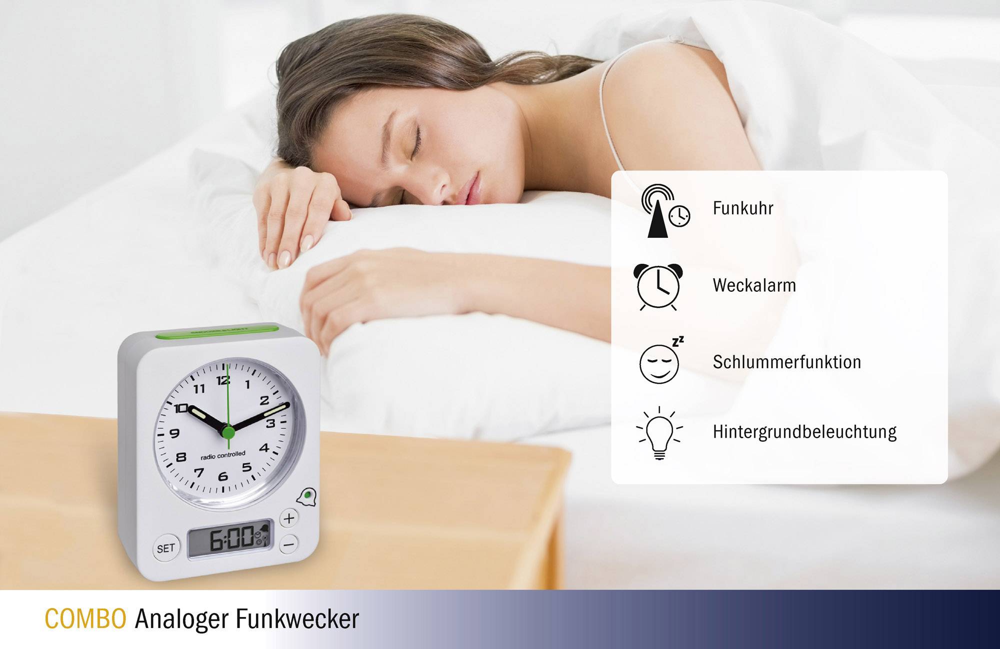 Eine Frau schläft ruhig im Bett neben einem analogen Funkwecker mit Funktionen wie Funkturm, Weckalarm, Schlummerfunktion und Hintergrundbeleuchtung.