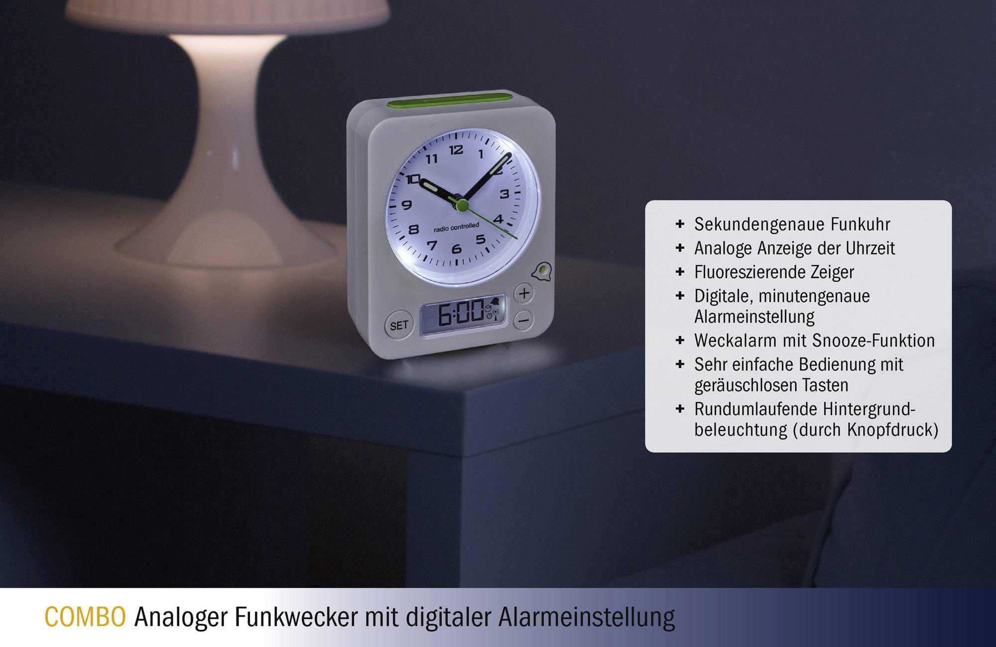 'Analoger Funkwecker mit digitaler Alarmeinstellung, leuchtet im Dunkeln, leicht bedienbar. Sekundengenaue Funkuhr mit Snooze-Funktion.'