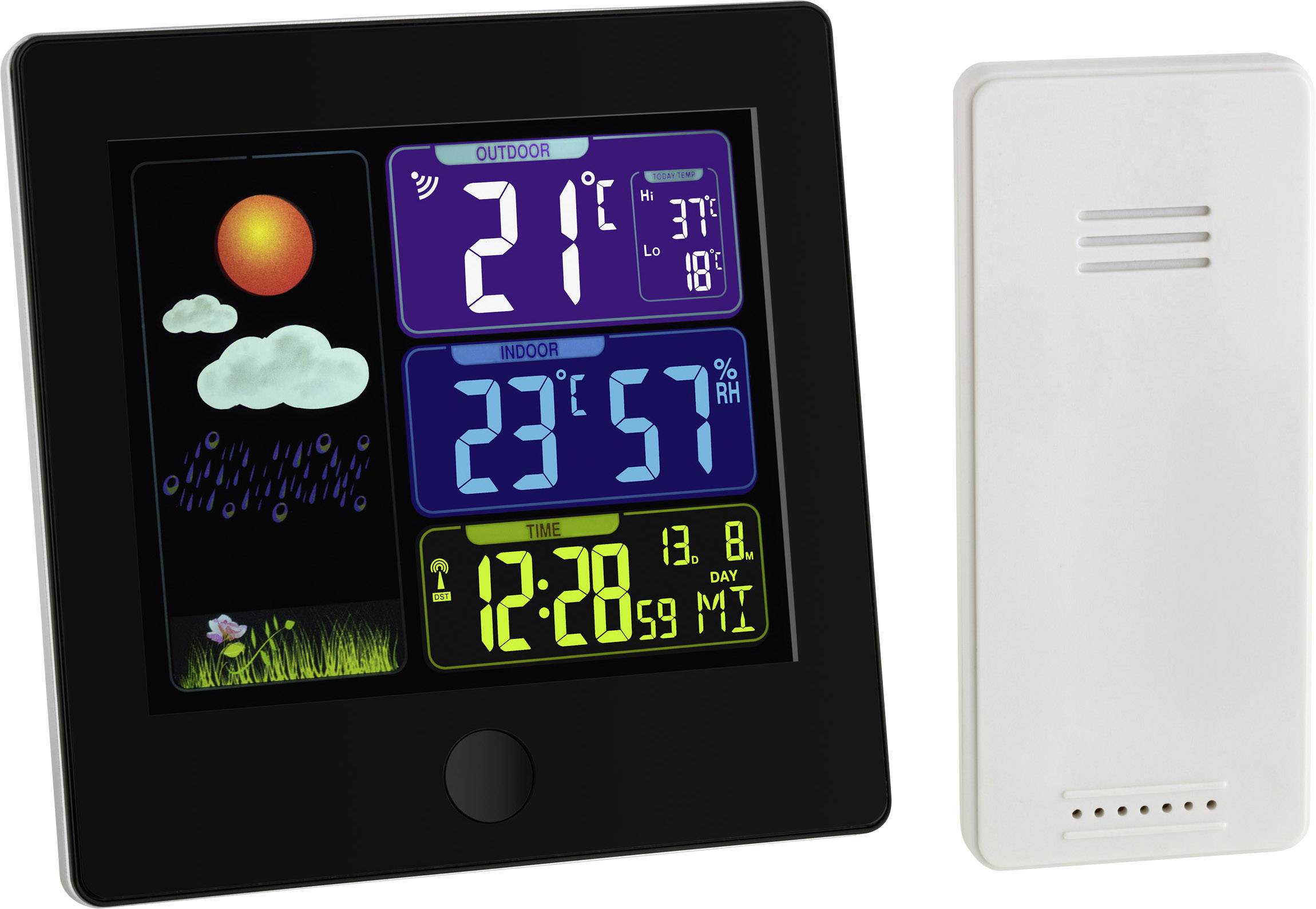 Digitales Wetterdisplay mit Anzeige von Außentemperatur (21°C, 37% Luftfeuchtigkeit), Innentemperatur (23°C, 57% Luftfeuchtigkeit) und Uhrzeit (12:28). Links oben sind Wettergrafiken zu sehen.