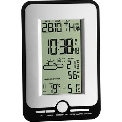 Elektronische Wetterstation zeigt Datum '28/10', Uhrzeit '10:38', Innen- und Außentemperatur (21,8°C, 19°C) sowie Luftfeuchtigkeit (56%, 51%).