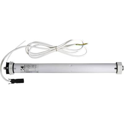 Ein weißer elektrischer Rohrmotor mit Kabel und Stecker, verwendet für die Automatisierung von Rollläden oder Markisen.