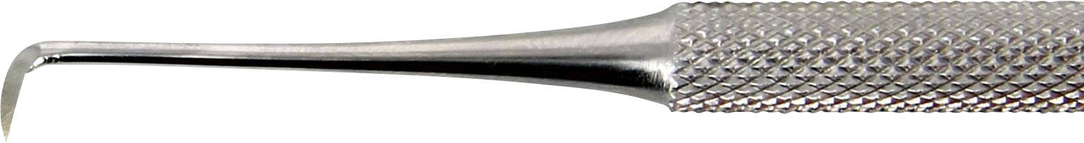 Ein zahnärztliches Scaler-Werkzeug aus Metall mit einem gebogenen Ende, verwendet zur Zahnreinigung und Plaque-Entfernung.