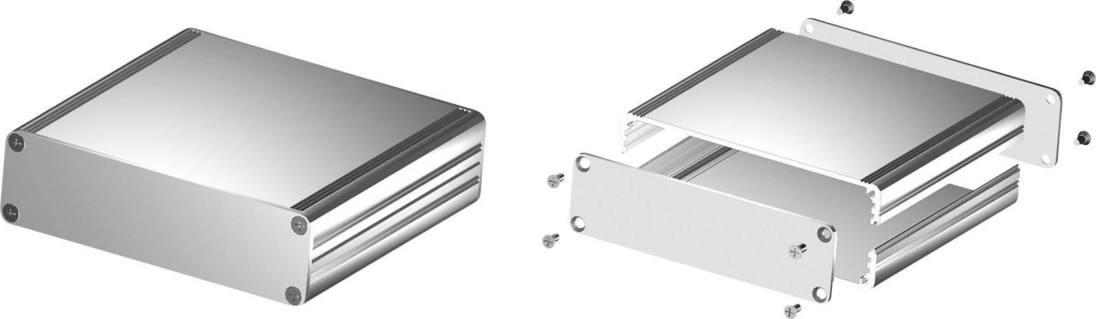 Zwei silberne Metallgehäuse, links geschlossen und rechts geöffnet mit sichtbaren Schrauben, zur Elektronikmontage.