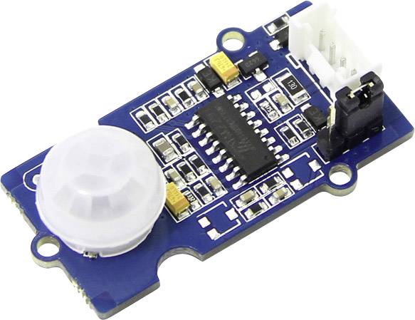 Ein PIR-Sensor auf einer blauen Leiterplatte, mit verschiedenen elektronischen Komponenten und Steckverbindungen, zur Bewegungserkennung.