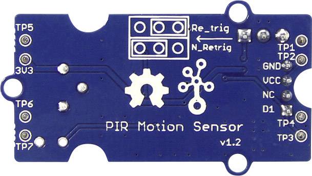 Elektronikplatine eines PIR-Bewegungssensors, Version 1.2. Beschriftungen zeigen Anschlüsse und Einstellungen für Auslösung und Wiederholung.