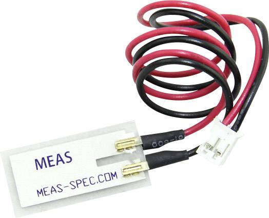 Ein Temperatursensor mit roten und schwarzen Kabeln. Auf dem weißen Etikett steht 'MEAS MEAS-SPEC.COM'.