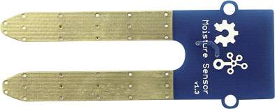 Ein Feuchtigkeitssensor mit blauer Leiterplatte und metallischen Sensorzinken, genutzt zur Messung von Bodenfeuchtigkeit in Elektronikprojekten.