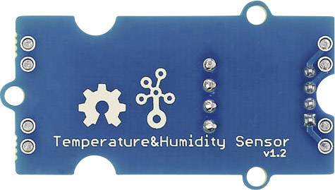 Ein blauer Temperatur- und Feuchtigkeitssensor, Version 1.2, mit Leiterbahnen und Symbolen für Technik.