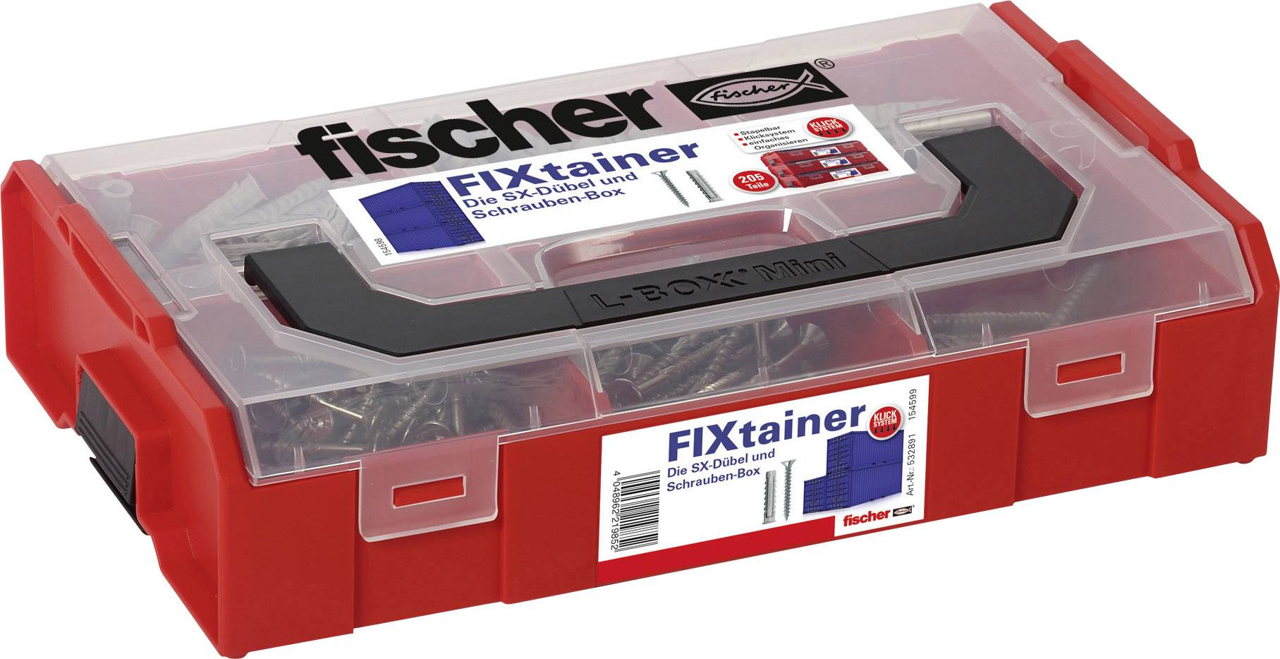 Obrázok 532891 FIXtainer - SX-Hmoždinek a Schrauben-Box Množství 210 díly 06 Rozsah dodávky 60x hmoždinky SX 6 + 60 šroubů SZ 4,5 x 4440 ZPF · 30x hmoždinky SX 8 + 30 šroubů SZ 5,0x60 ZPF · 15x hmoždinky SX 10 + 15 šroubů SZ 6,0x85 ZPF.