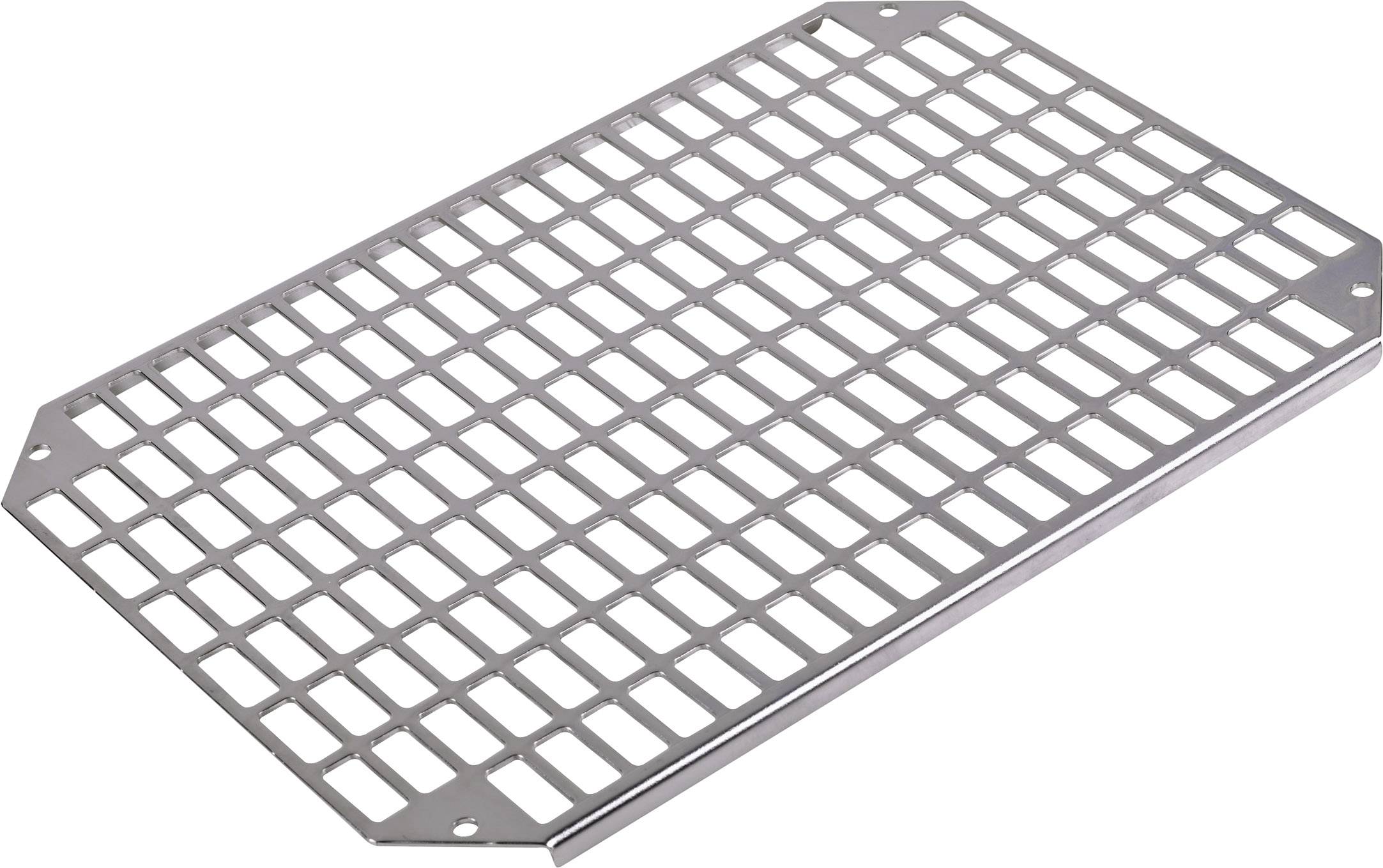 Rechteckiges Metallgitter mit quadratischen Öffnungen, verwendet für Lüftung oder Ablage in industriellen Anwendungen.