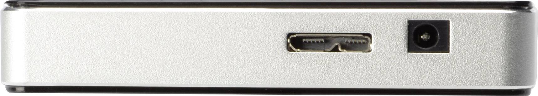 Eine silberne externe Festplatte mit einem Micro-USB-Anschluss und einem runden Stromanschluss auf einer ihrer Seiten.