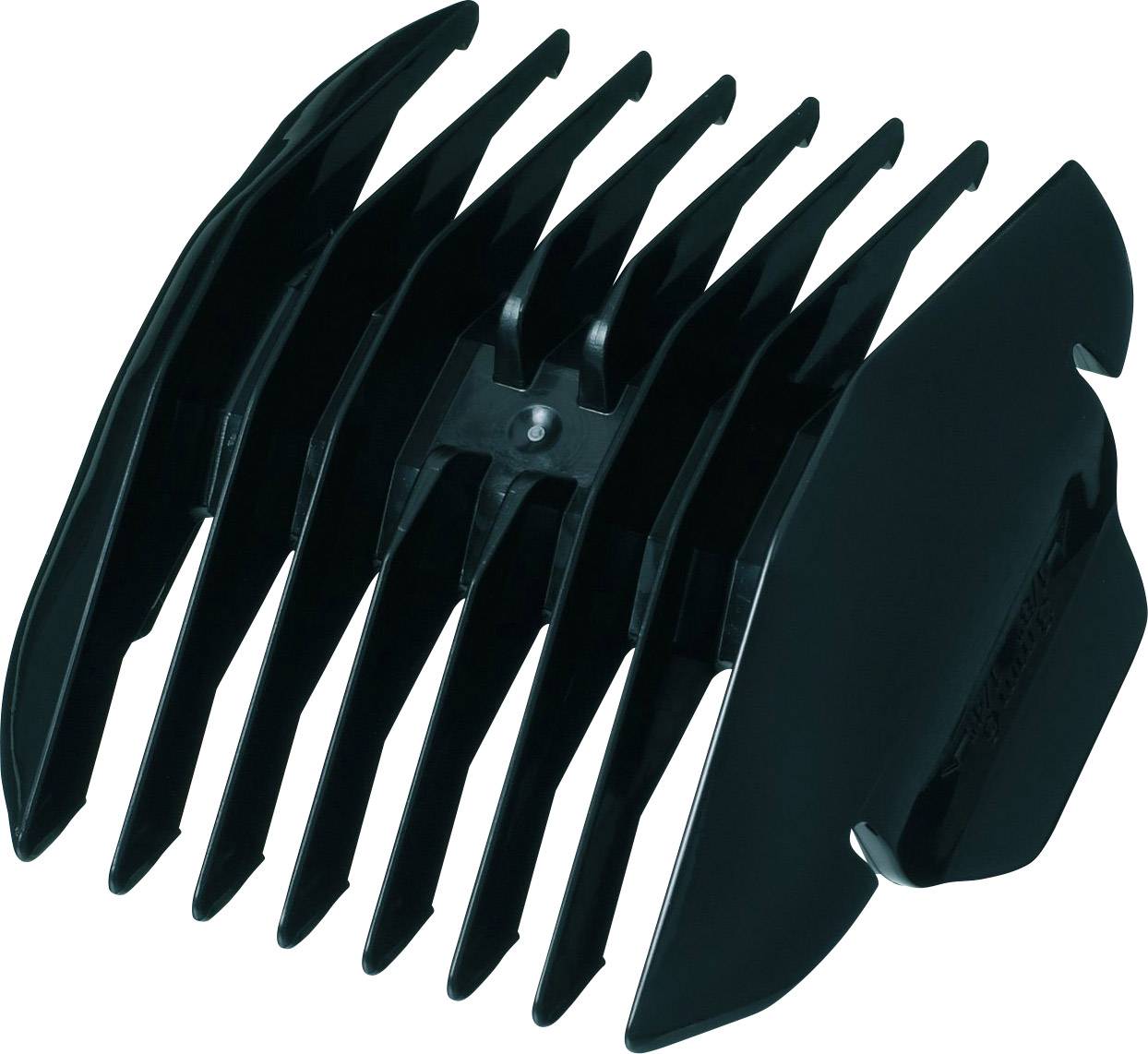 Schwarzer Kunststoffkammaufsatz eines Haarschneiders mit mehreren gleichmäßigen Zinken.