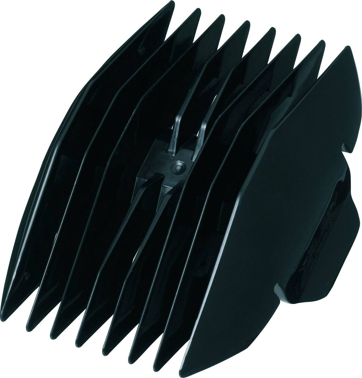Ein schwarzer Kammaufsatz mit mehreren Zähnen, die parallel nebeneinander angeordnet sind. Geeignet zur Anbringung an Haarschneidemaschinen.