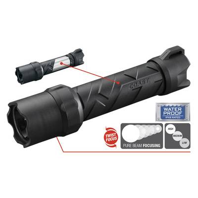 Taschenlampe mit Twist-Fokus-Funktion, wasserdicht (IPX8), zeigt Fokussierung von breitem bis engem Lichtstrahl mit hoher, mittlerer und niedriger Helligkeit.