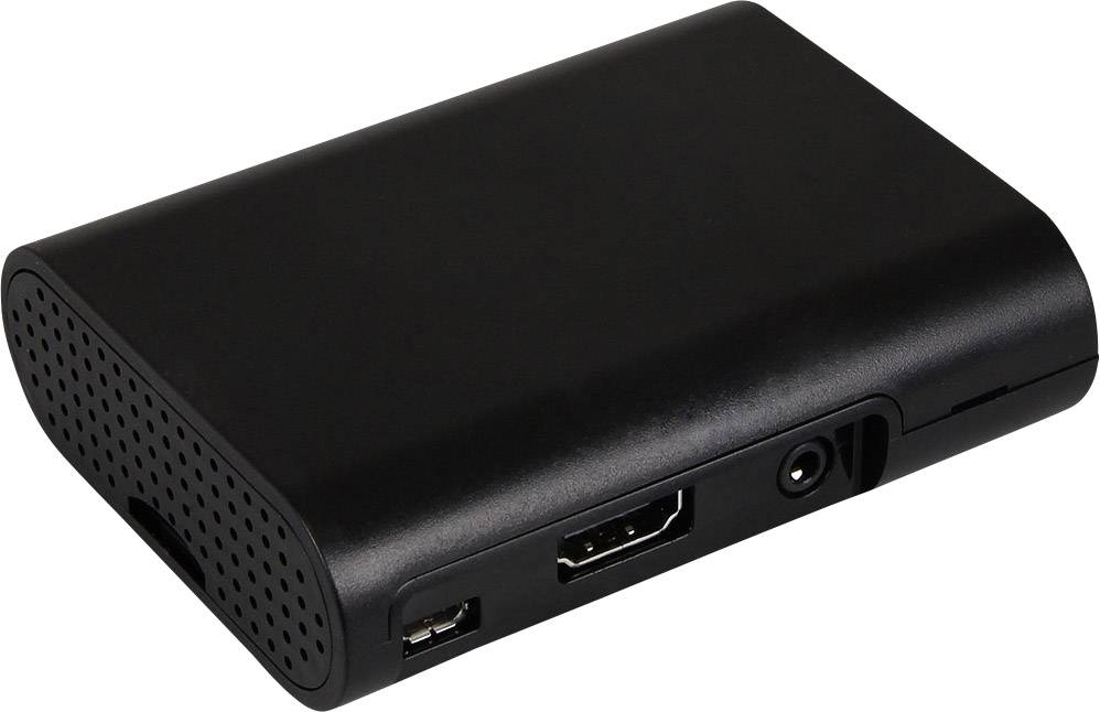 Schwarzes, kompaktes elektronisches Gerät mit HDMI- und USB-Anschlüssen. Möglicherweise ein Adapter oder Multimedia-Gerät.