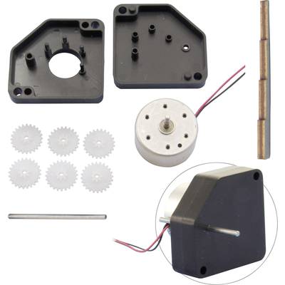 Baukasten-Komponenten für einen Elektromotor: Gehäuseteile, Zahnräder, Motor, Magnet, Achse und Drahtverbindungen.