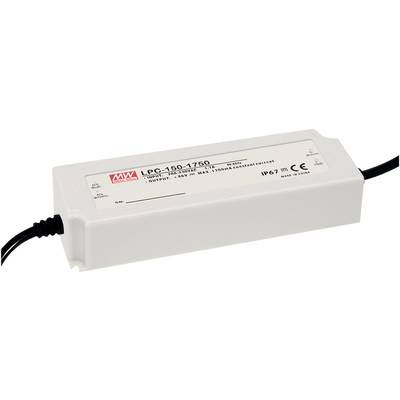 Ein rechteckiges Netzteil mit der Aufschrift 'LPC-150-1750' von MW. Es hat schwarze Kabel an beiden Enden und ist IP67 zertifiziert.