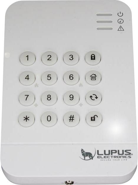 Eine weiße Sicherheits-Tastatur mit Zahlenfeld von 0 bis 9, einer Sperrtaste, einer Entriegelungstaste und einem Lupus Electronics-Logo.