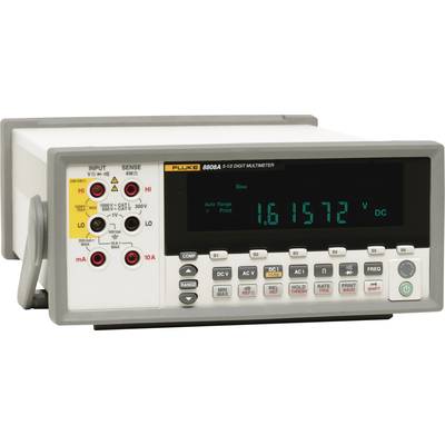 Ein digitales Multimeter mit mehreren Anschlüssen, das die Spannung '16.1572 V DC' auf einem grünen Display anzeigt.