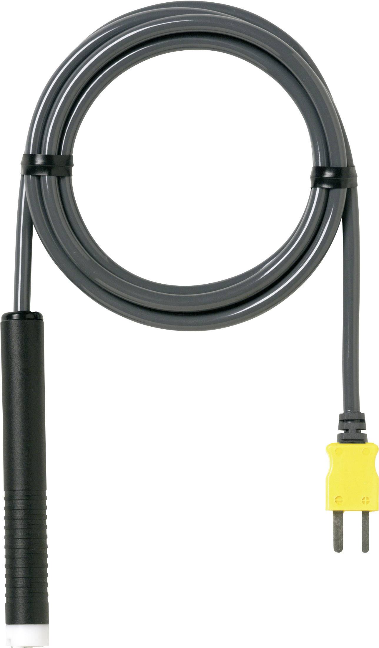 Graues Kabel mit einem gelben Stecker und einem schwarzen Griff am anderen Ende, wahrscheinlich ein Temperaturfühler.