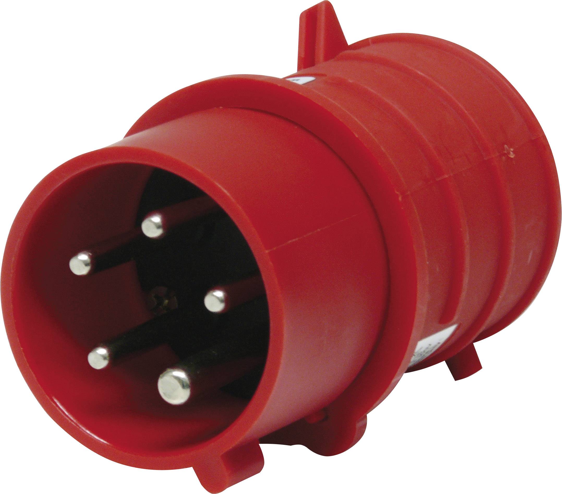 Ein roter elektrischer Stecker mit mehreren Metallstiften, geeignet für industrielle Anwendungen.