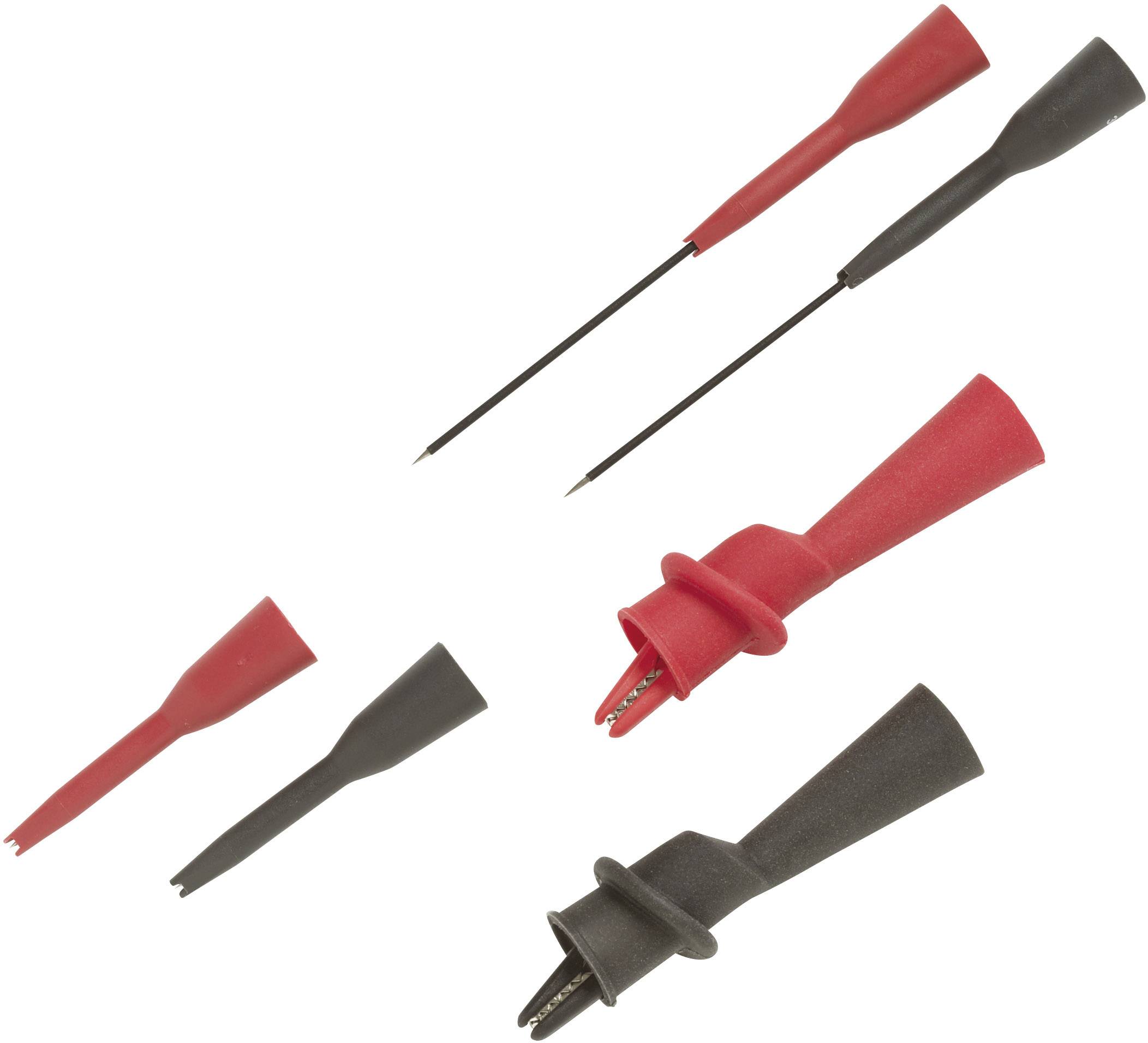 Rote und schwarze Messspitzen für elektronische Messgeräte auf weißem Hintergrund.