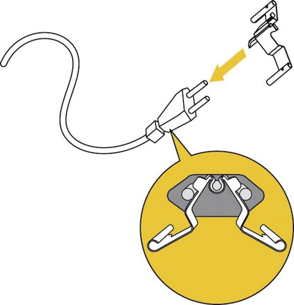 'Illustration eines Steckers mit Fokus auf die Metallkontakte. Ein Pfeil zeigt auf die abgebildete innere Befestigungskomponente.'