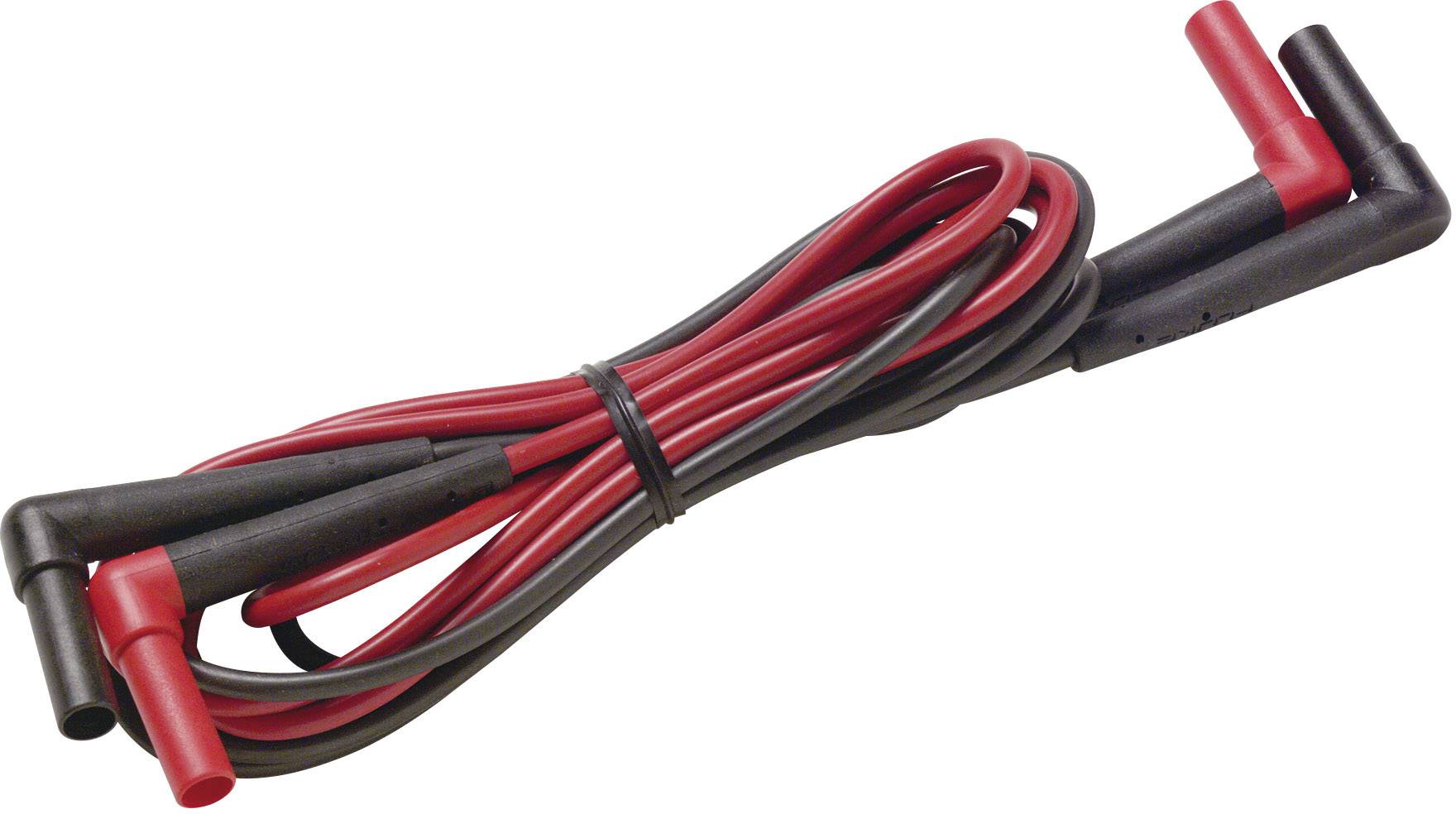 'Rote und schwarze Messkabel mit isolierten Steckern, zusammengebunden und für elektrisches Testen verwendet.'