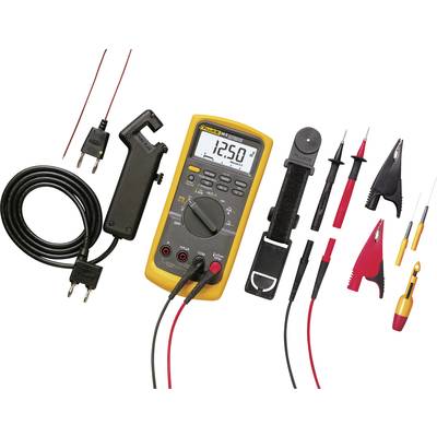 Multimeter in gelbem Gehäuse mit schwarzen Messleitungen und Zubehör. Display zeigt '12.50' an.