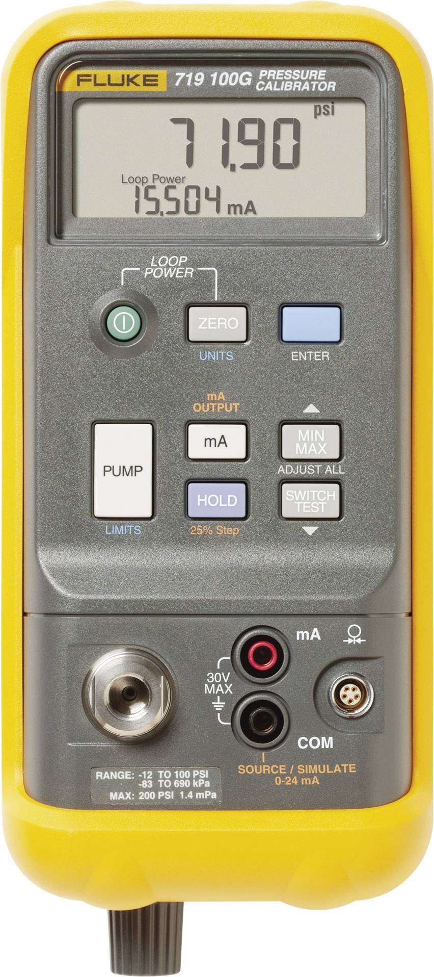 Ein Druckkalibrator mit digitalem Display, zeigt '7,90 psi' und '15,504 mA' an. Verschiedene Tasten zum Justieren und Messen.