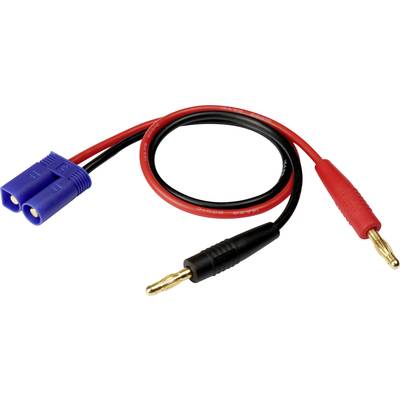 Ein Kabel mit einem blauen Stecker und zwei goldenen Bananensteckern, das zum Verbinden von elektronischen Geräten verwendet wird.