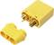 Ein gelber XT60-Stecker mit zwei Anschlussbuchsen und zwei Metallstiften, geeignet für elektrische Verbindungen in Modellbau und Elektronik.