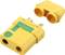 Gelber XT90-Stecker für RC-Anwendungen, abnehmbar, bestehend aus männlichem und weiblichem Teil.
