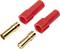 Zwei rote Kunststoff-Steckergehäuse und zwei goldene Metallstecker in Nahaufnahme, die für elektrische Verbindungen verwendet werden.