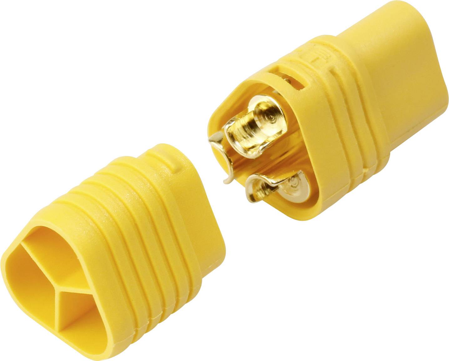Ein gelber XT60-Stecker zeigt sowohl die offene Innenseite mit zwei goldenen Kontakten als auch die geschlossene Hülle.