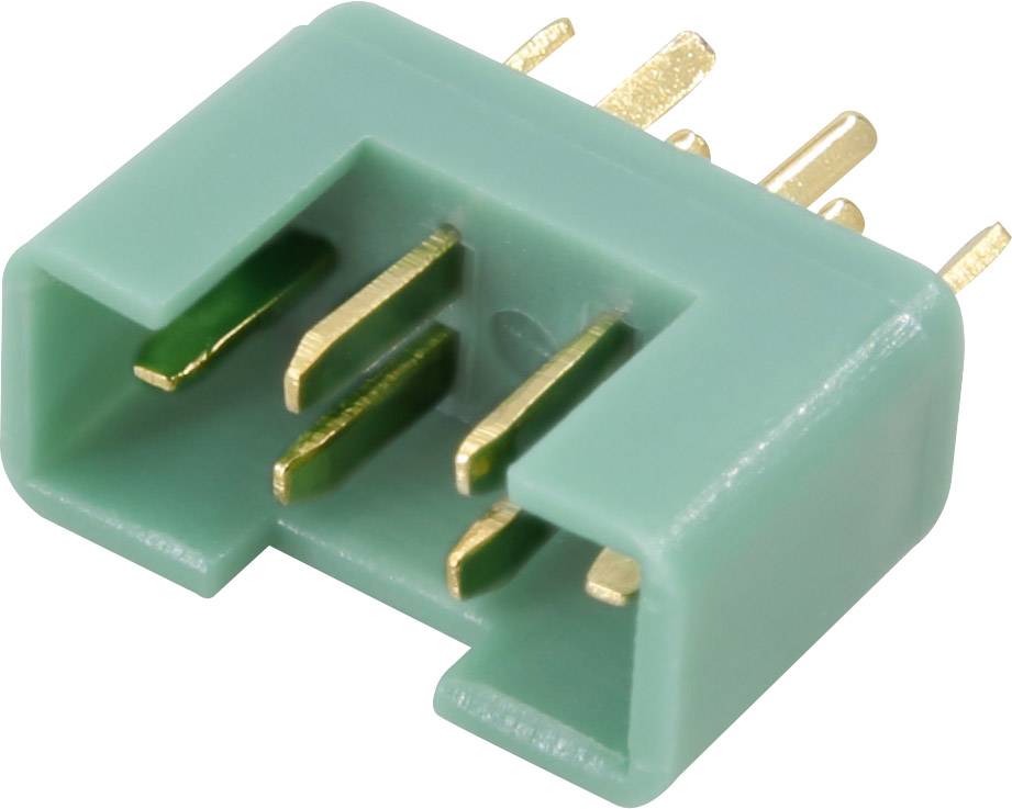 Grüner Kunststoffstecker mit fünf goldenen Stiften, die aus der Unterseite herausragen.