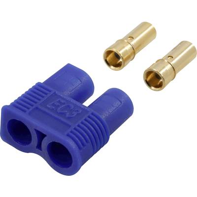 Ein blauer EC3-Stecker mit zwei goldenen Kontakten. Der Stecker wird häufig in elektronischen Anwendungen zum sicheren Verbinden verwendet.