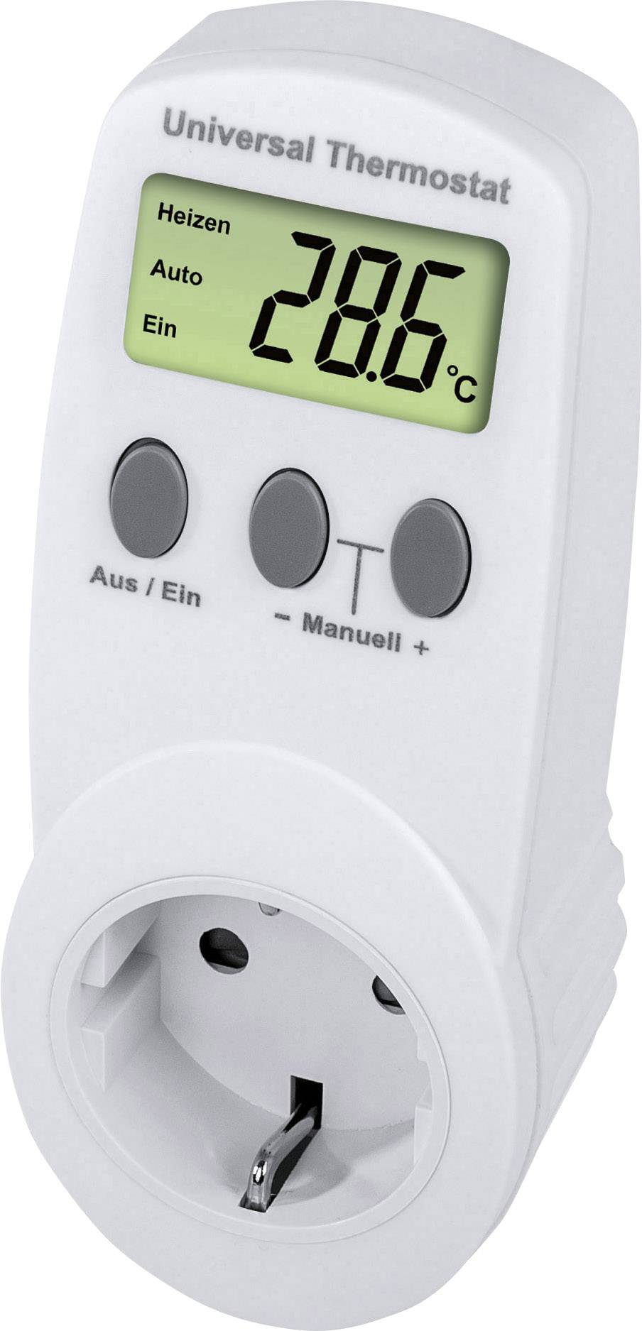 Weißer Universalthermostat mit Steckdose, zeigt 28,6°C auf digitalem Display. Tasten für Heizen, Auto, Ein und Temperaturregelung.