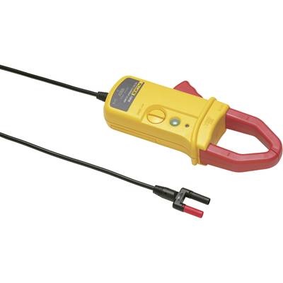 Ein gelbes Zangenamperemeter mit roter Klemmbacke und schwarzem Kabel, verwendet zur Strommessung in elektrischen Leitungen.