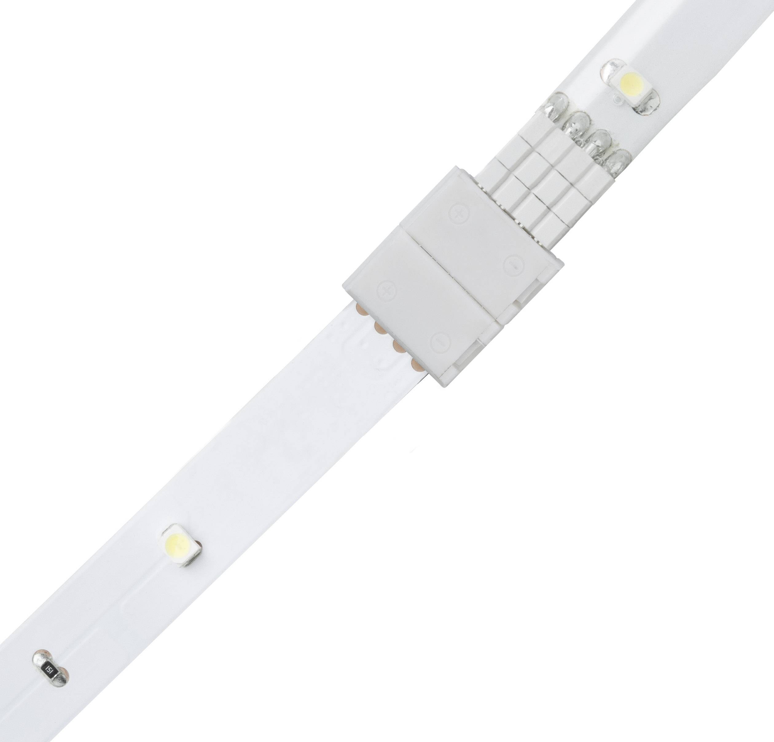 LED-Leiste mit einem Anschlussstück, das zwei Teile verbindet. Die Leiste enthält mehrere rechteckige LED-Lampen in regelmäßigen Abständen.