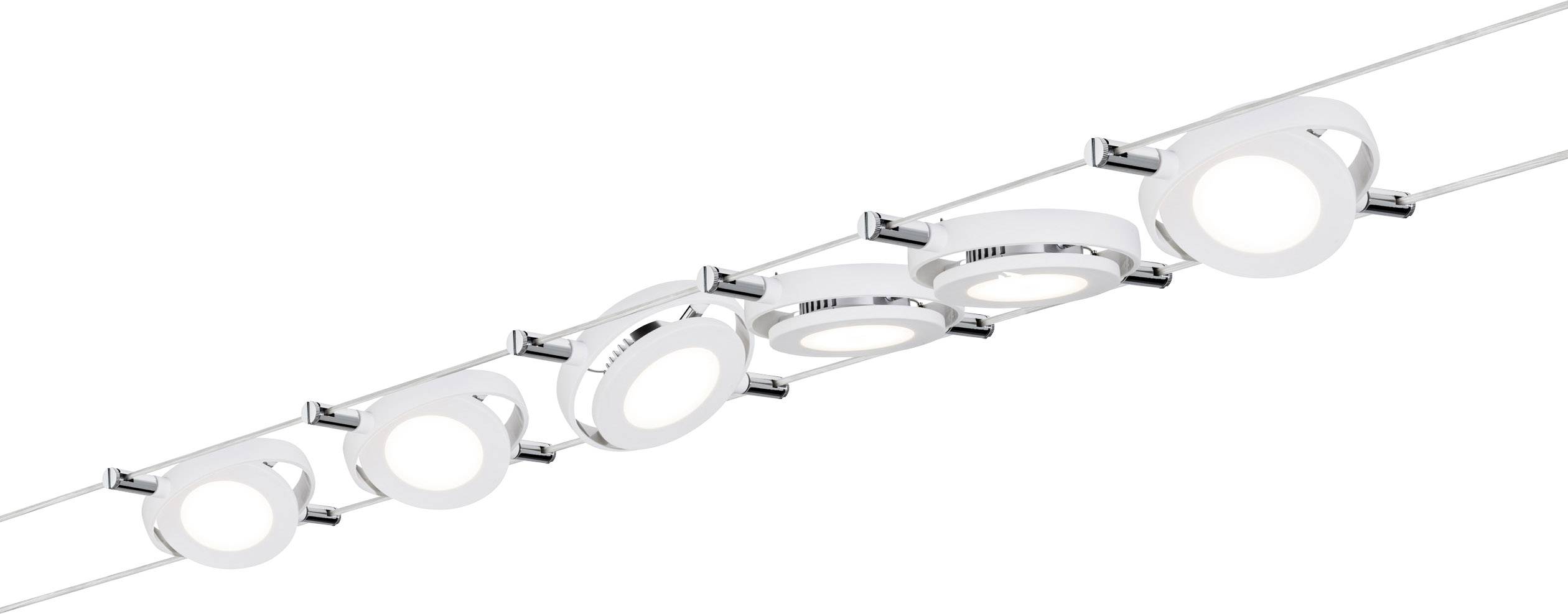 Eine moderne Deckenleuchte mit sechs runden, verstellbaren LED-Lampen an einer geraden Schiene, im minimalistischen Design.