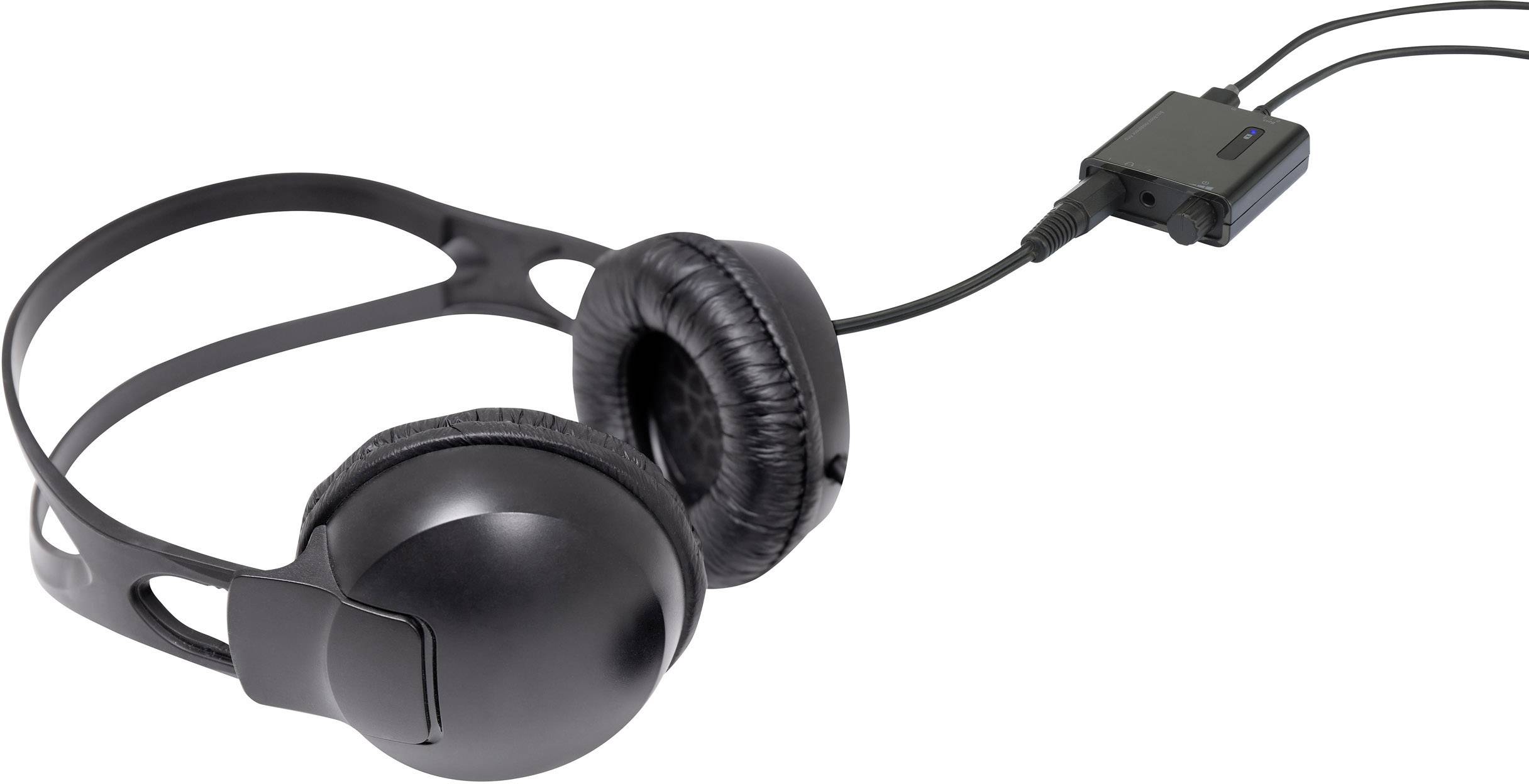 Schwarze Kopfhörer mit Kabel, verbunden mit einem elektronischen Gerät. Geeignet für Musikhören oder Telefonate.