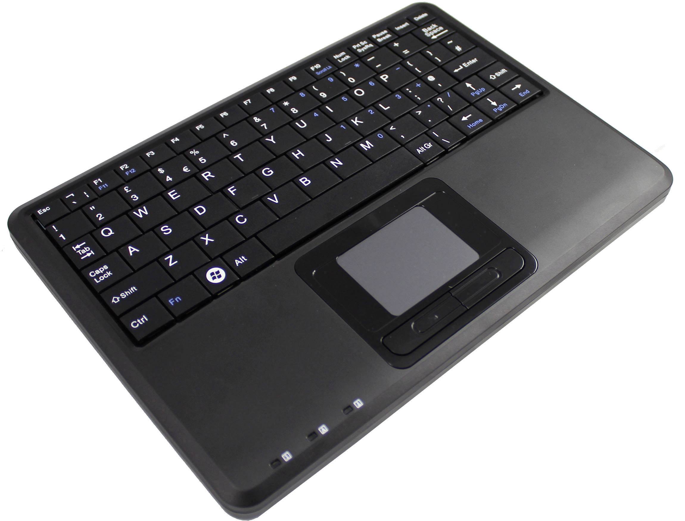Kabellose schwarze Tastatur mit integrierten Touchpad; kompakte Bauweise mit vollwertigem Layout und speziellen Funktionstasten.
