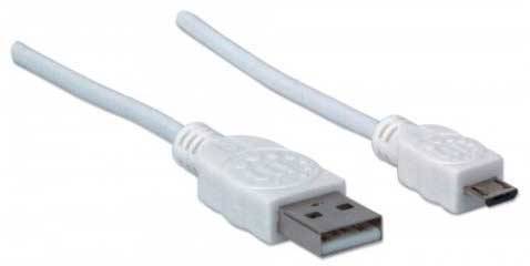 Weißes USB-Kabel mit USB-A-Stecker links und Micro-USB-Stecker rechts, vor weißem Hintergrund.