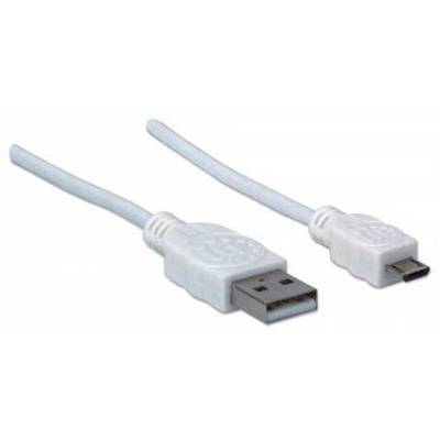 Weißes USB-Kabel mit USB-A-Stecker links und Micro-USB-Stecker rechts, vor weißem Hintergrund.