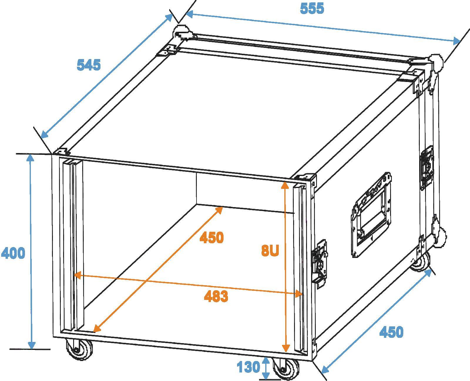 Schematische Zeichnung eines Rollkoffers mit Maßen: 555 mm Länge, 545 mm Breite, 450 mm Höhe, 483 mm Innenbreite, 8U Rack-Space.