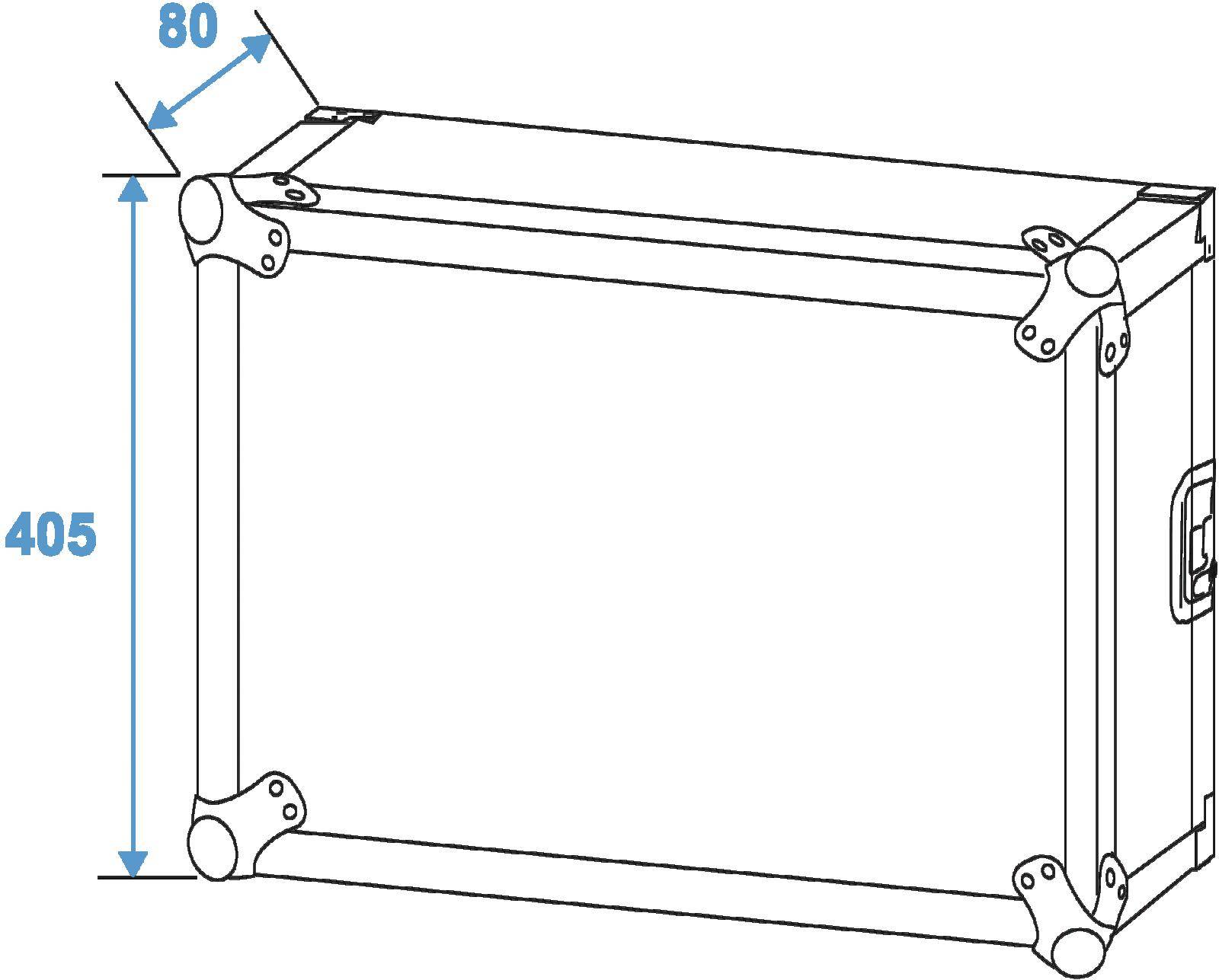 Diagramm einer rechteckigen Box mit abgerundeten Ecken. Maße: Höhe 405 mm, Breite 80 mm. Enthält Griffe an den Seiten.