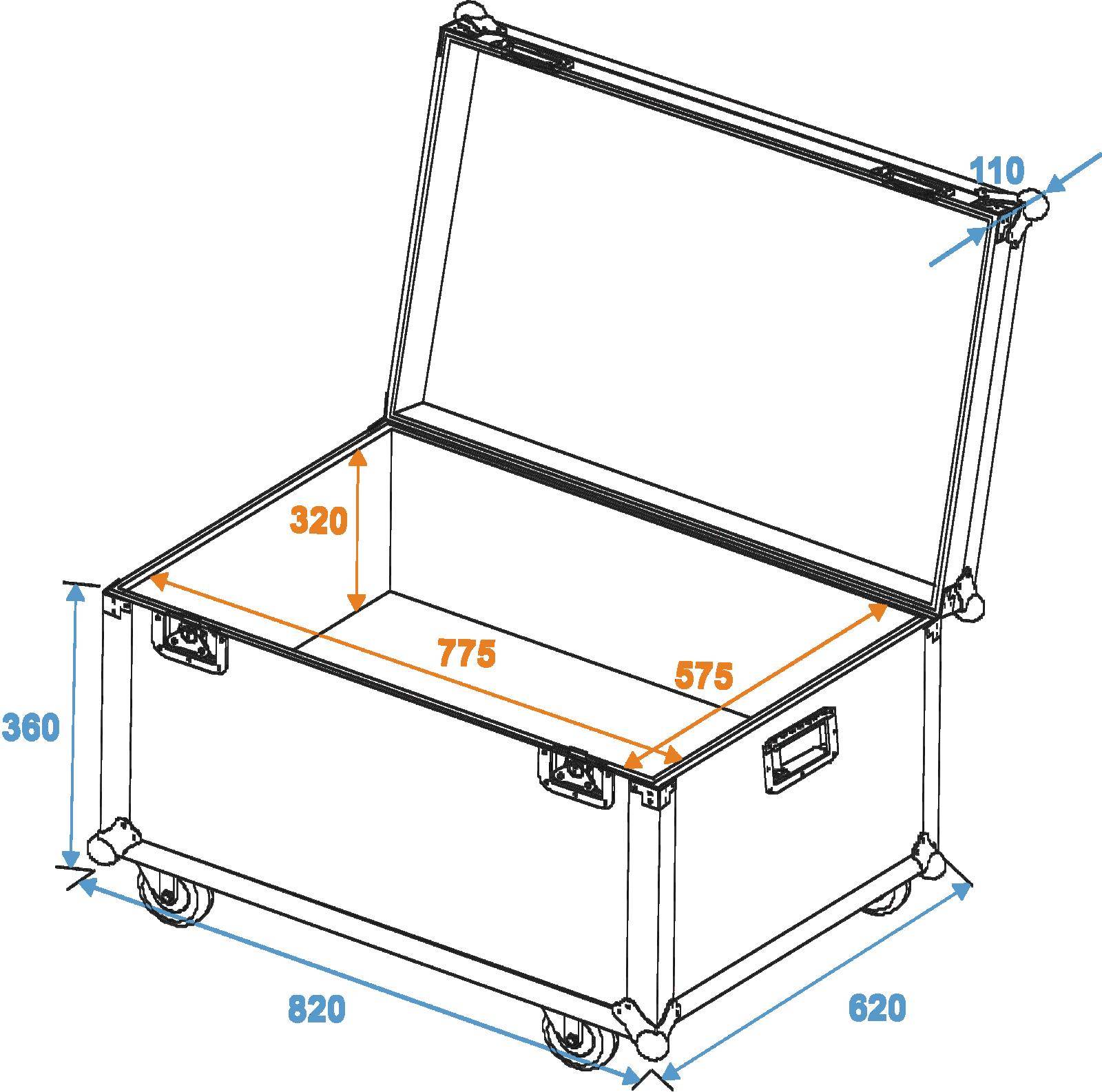 Offener Transportkoffer mit Rollen, zeigt interne Maße: Höhe 320 mm, Breite 775 mm, Tiefe 575 mm. Externe Maße: Höhe 360 mm, Breite 820 mm, Tiefe 620 mm.