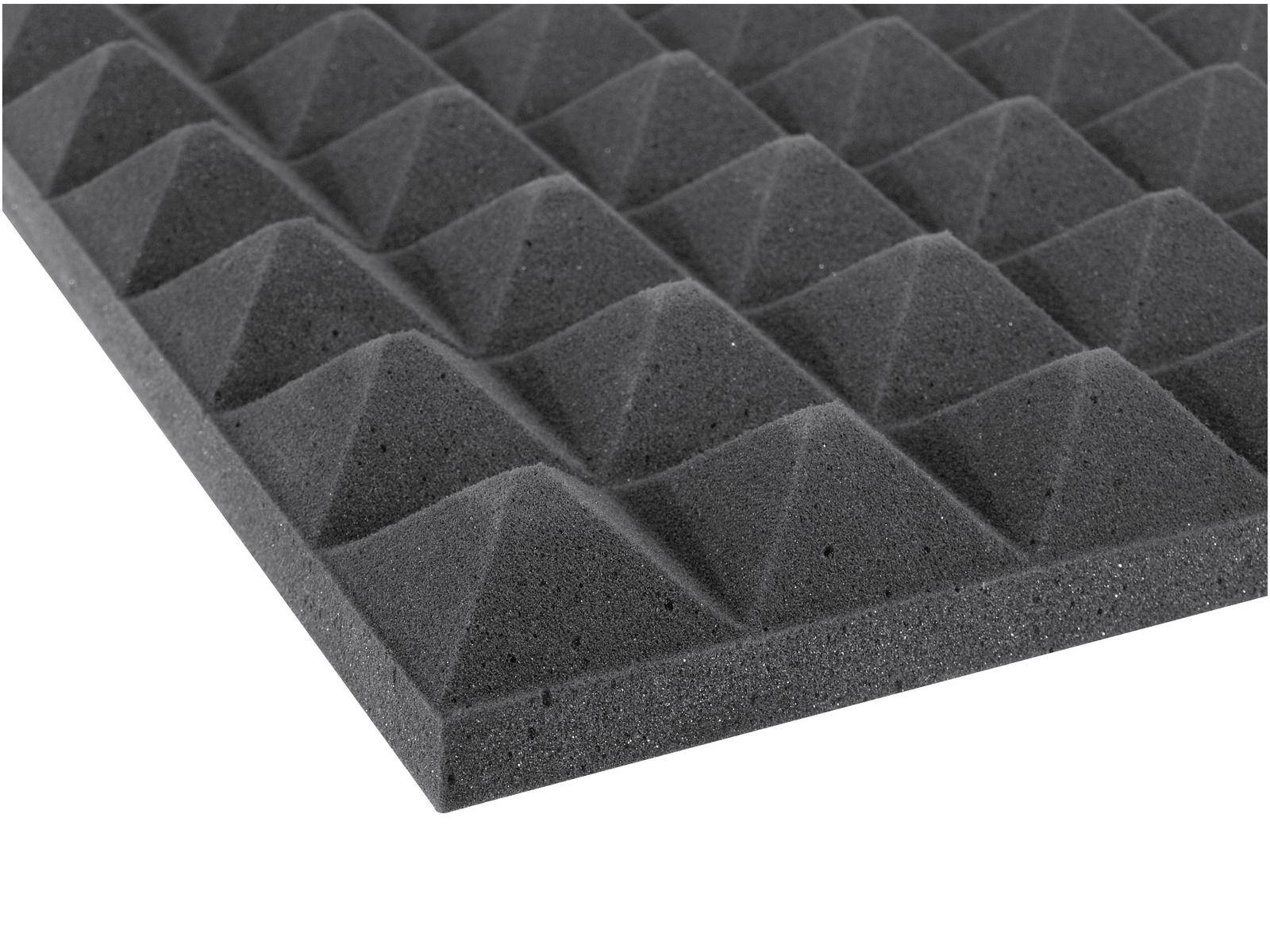 Schwarze Akustikschaumstoffplatte mit pyramidenförmigen Musseln zur Schallschluckung und Verbesserung der Raumakustik.